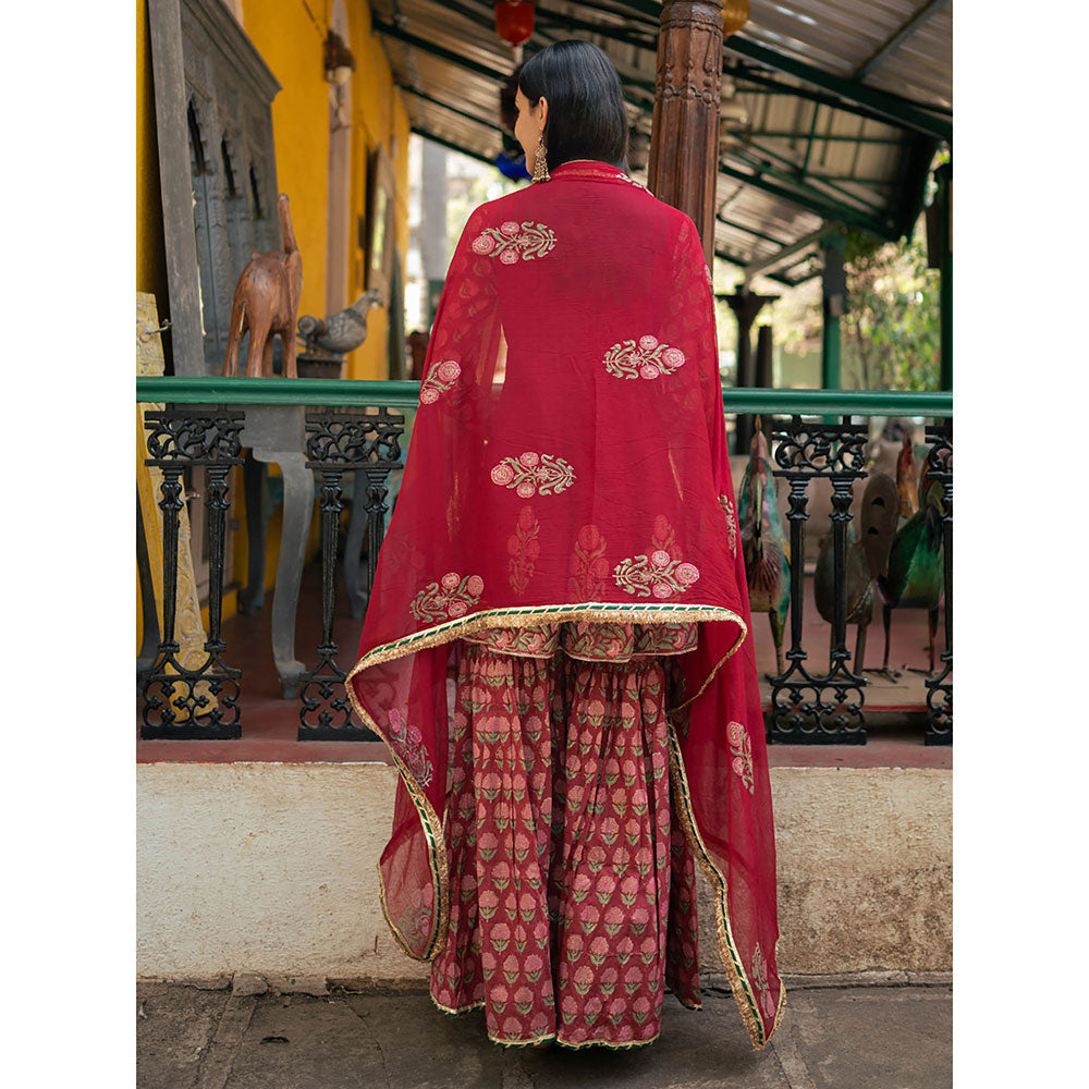 Maison Shefali Red Block Printed Kurti with Sharara and Dupatta (Set of 3)