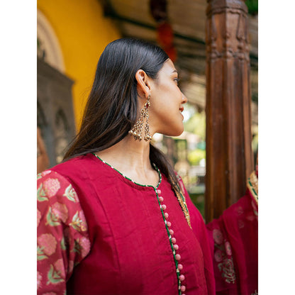 Maison Shefali Red Block Printed Kurti with Sharara and Dupatta (Set of 3)