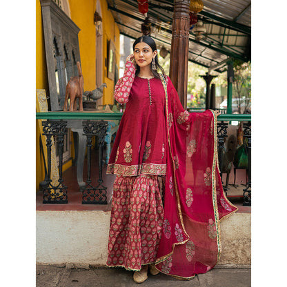 Maison Shefali Red Block Printed Kurti with Sharara and Dupatta (Set of 3)