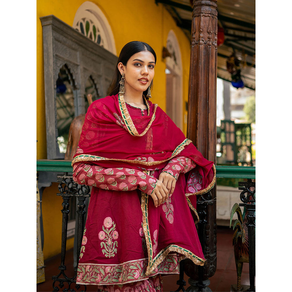 Maison Shefali Red Block Printed Kurti with Sharara and Dupatta (Set of 3)