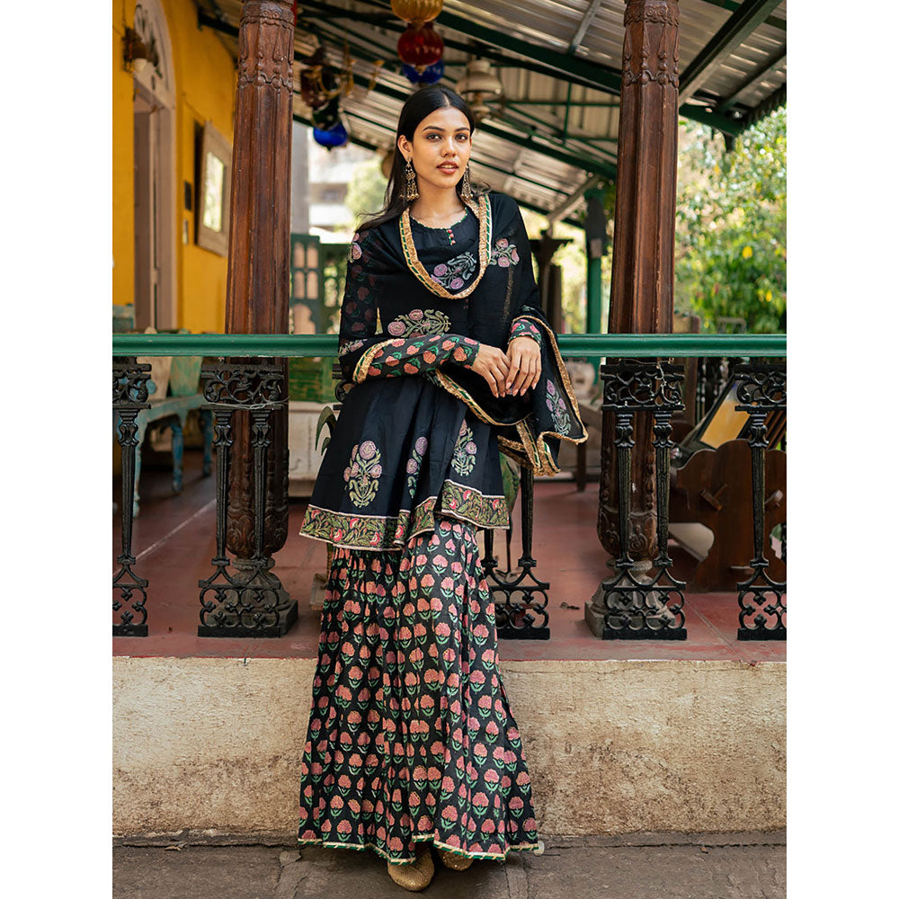 Maison Shefali Black Block Printed Kurti with Sharara and Dupatta (Set of 3)