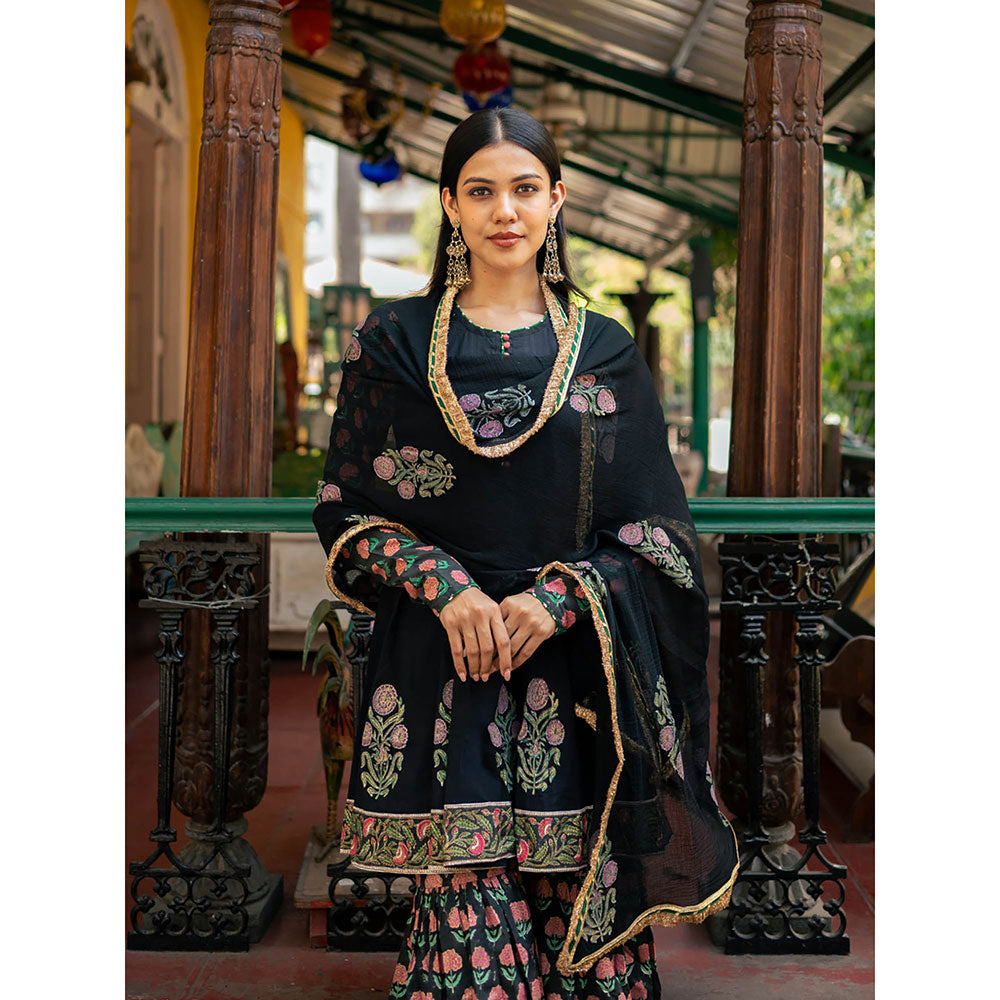Maison Shefali Black Block Printed Kurti with Sharara and Dupatta (Set of 3)
