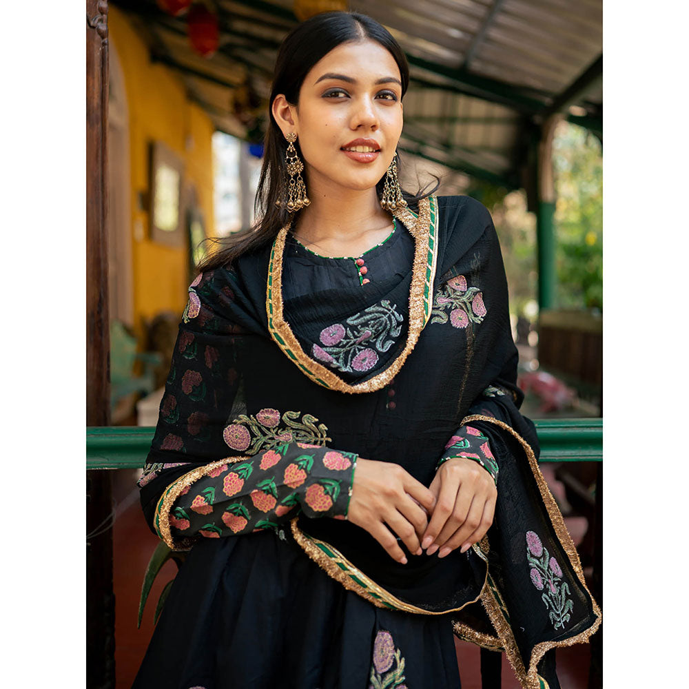 Maison Shefali Black Block Printed Kurti with Sharara and Dupatta (Set of 3)