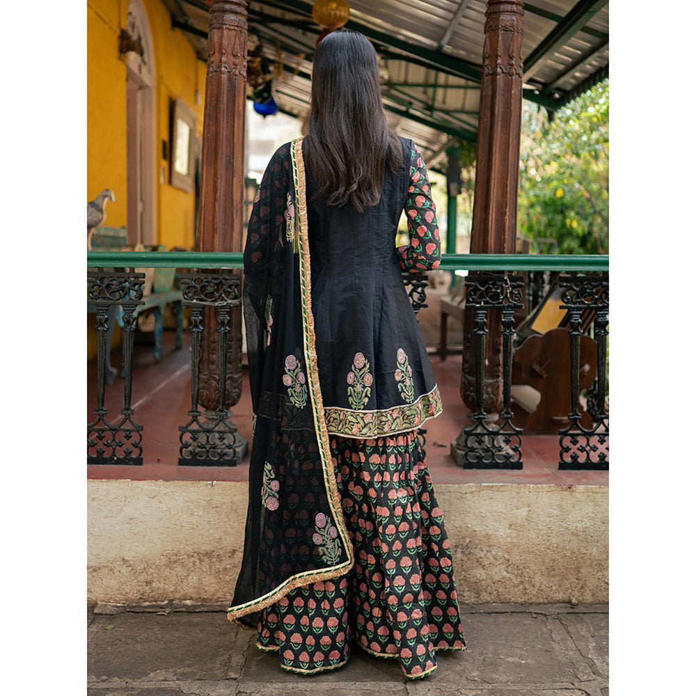 Maison Shefali Black Block Printed Kurti with Sharara and Dupatta (Set of 3)