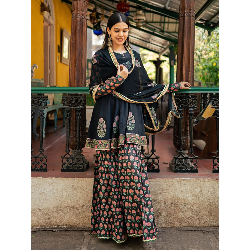 Maison Shefali Black Block Printed Kurti with Sharara and Dupatta (Set of 3)