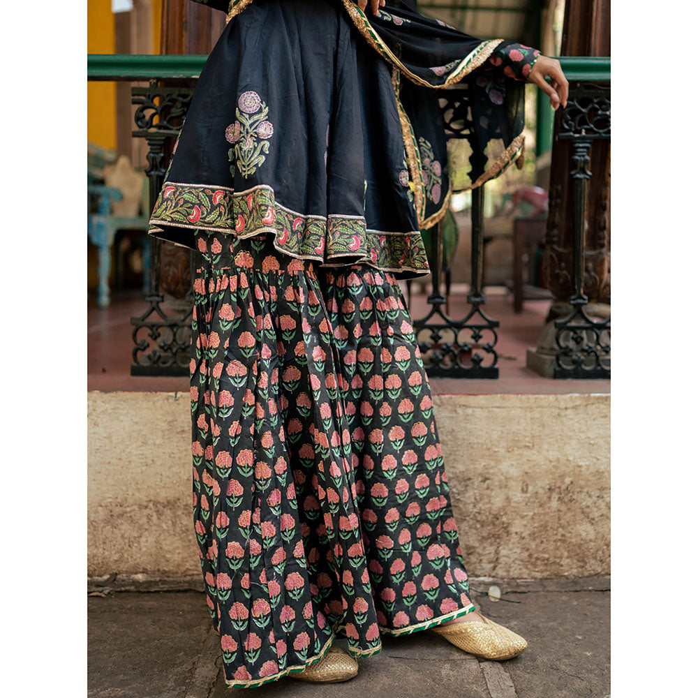 Maison Shefali Black Block Printed Kurti with Sharara and Dupatta (Set of 3)