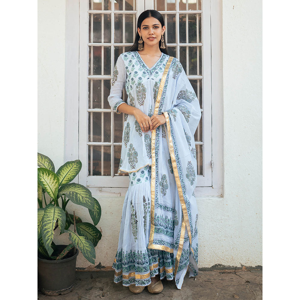 Maison Shefali Powder Blue Block Printed Kurti with Sharara and Dupatta (Set of 3)