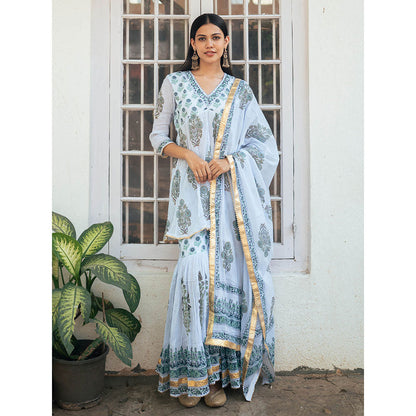 Maison Shefali Powder Blue Block Printed Kurti with Sharara and Dupatta (Set of 3)