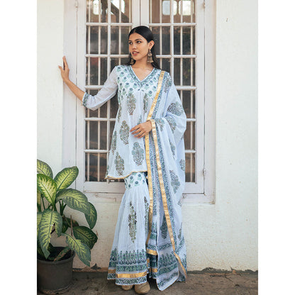 Maison Shefali Powder Blue Block Printed Kurti with Sharara and Dupatta (Set of 3)