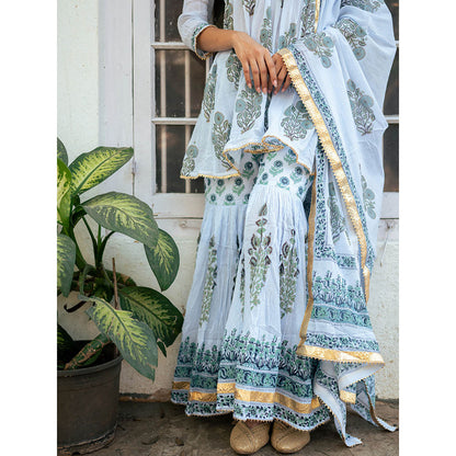 Maison Shefali Powder Blue Block Printed Kurti with Sharara and Dupatta (Set of 3)