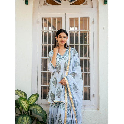 Maison Shefali Powder Blue Block Printed Kurti with Sharara and Dupatta (Set of 3)