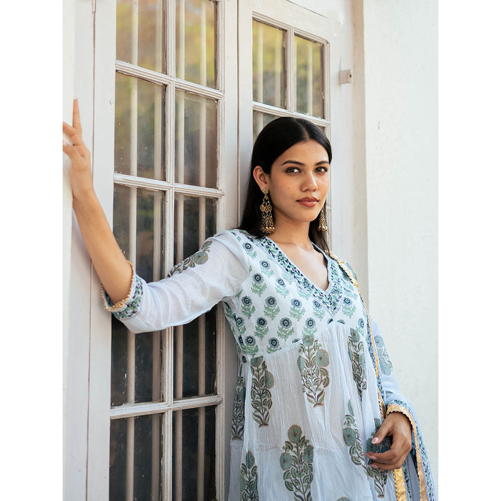 Maison Shefali Powder Blue Block Printed Kurti with Sharara and Dupatta (Set of 3)