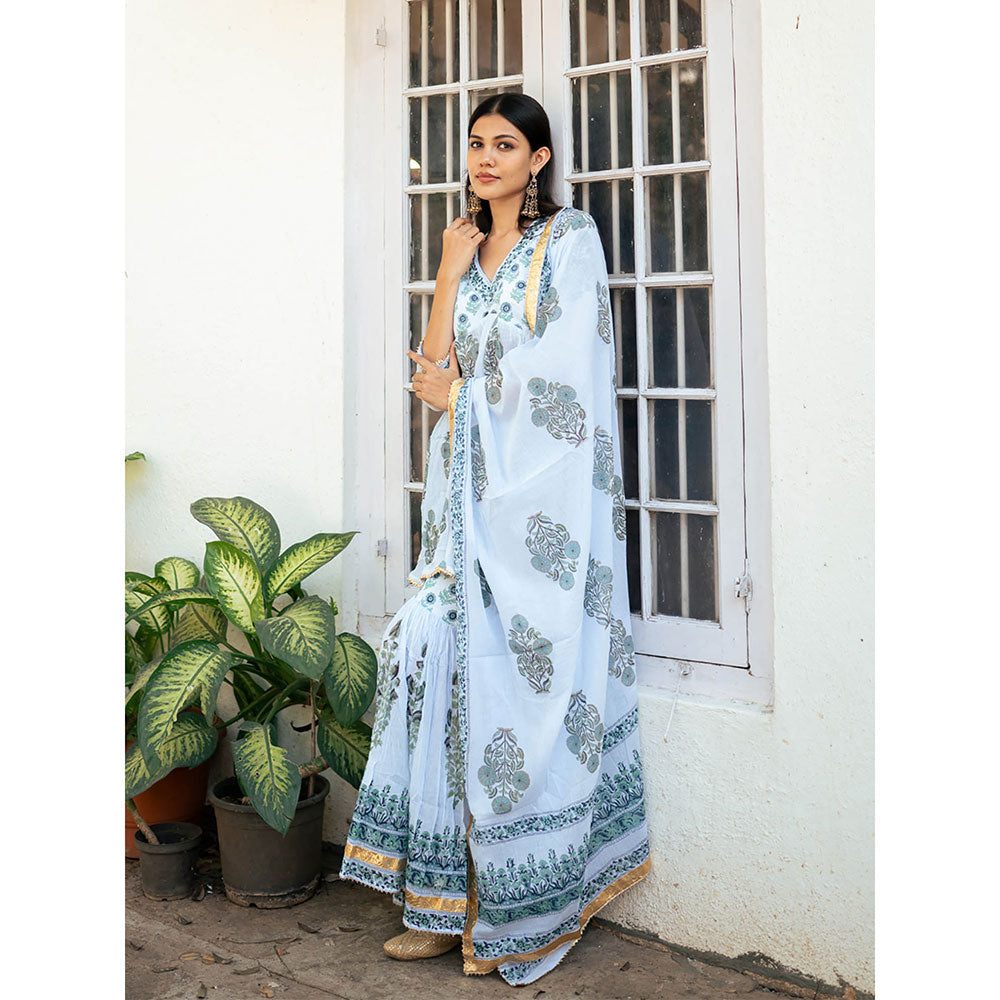 Maison Shefali Powder Blue Block Printed Kurti with Sharara and Dupatta (Set of 3)