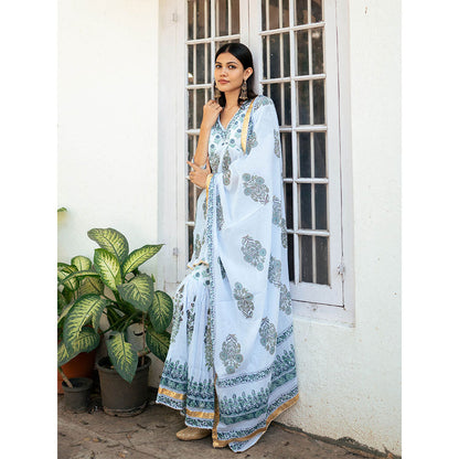 Maison Shefali Powder Blue Block Printed Kurti with Sharara and Dupatta (Set of 3)