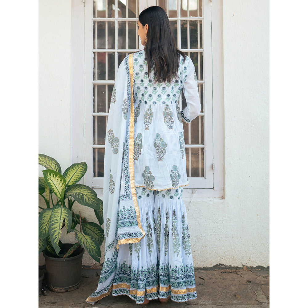 Maison Shefali Powder Blue Block Printed Kurti with Sharara and Dupatta (Set of 3)
