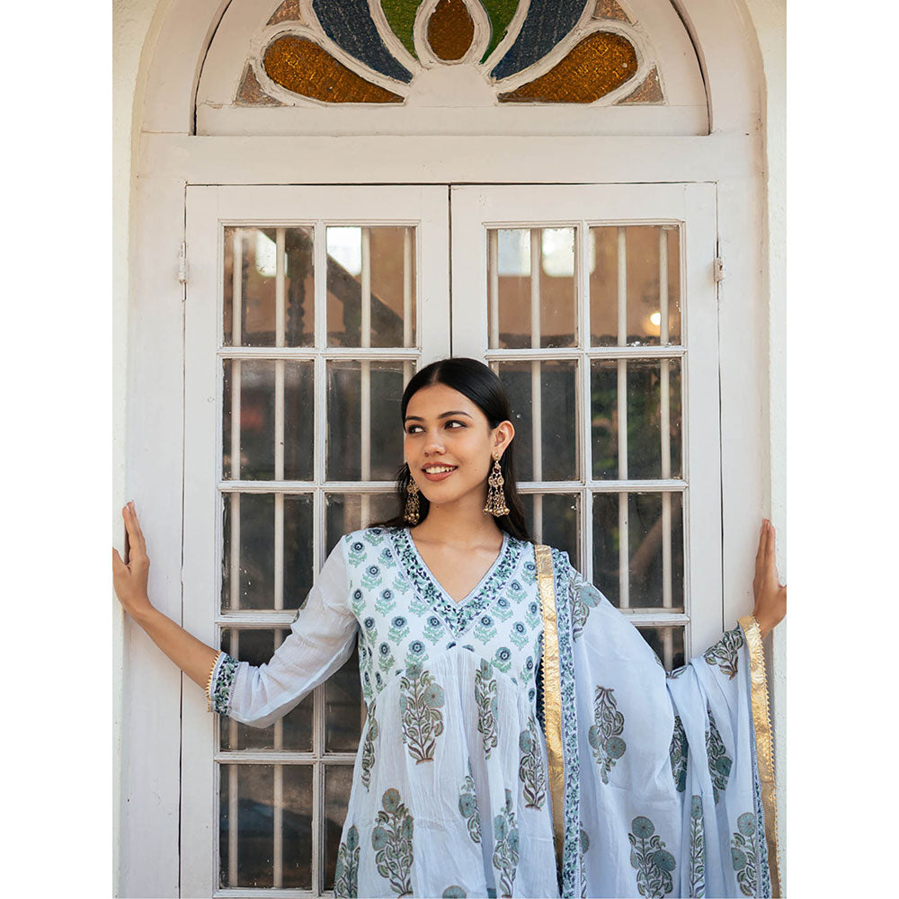Maison Shefali Powder Blue Block Printed Kurti with Sharara and Dupatta (Set of 3)