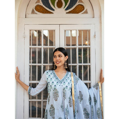Maison Shefali Powder Blue Block Printed Kurti with Sharara and Dupatta (Set of 3)