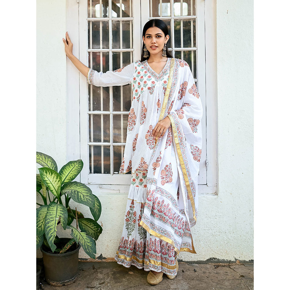 Maison Shefali White Block Printed Kurti with Sharara and Dupatta (Set of 3)