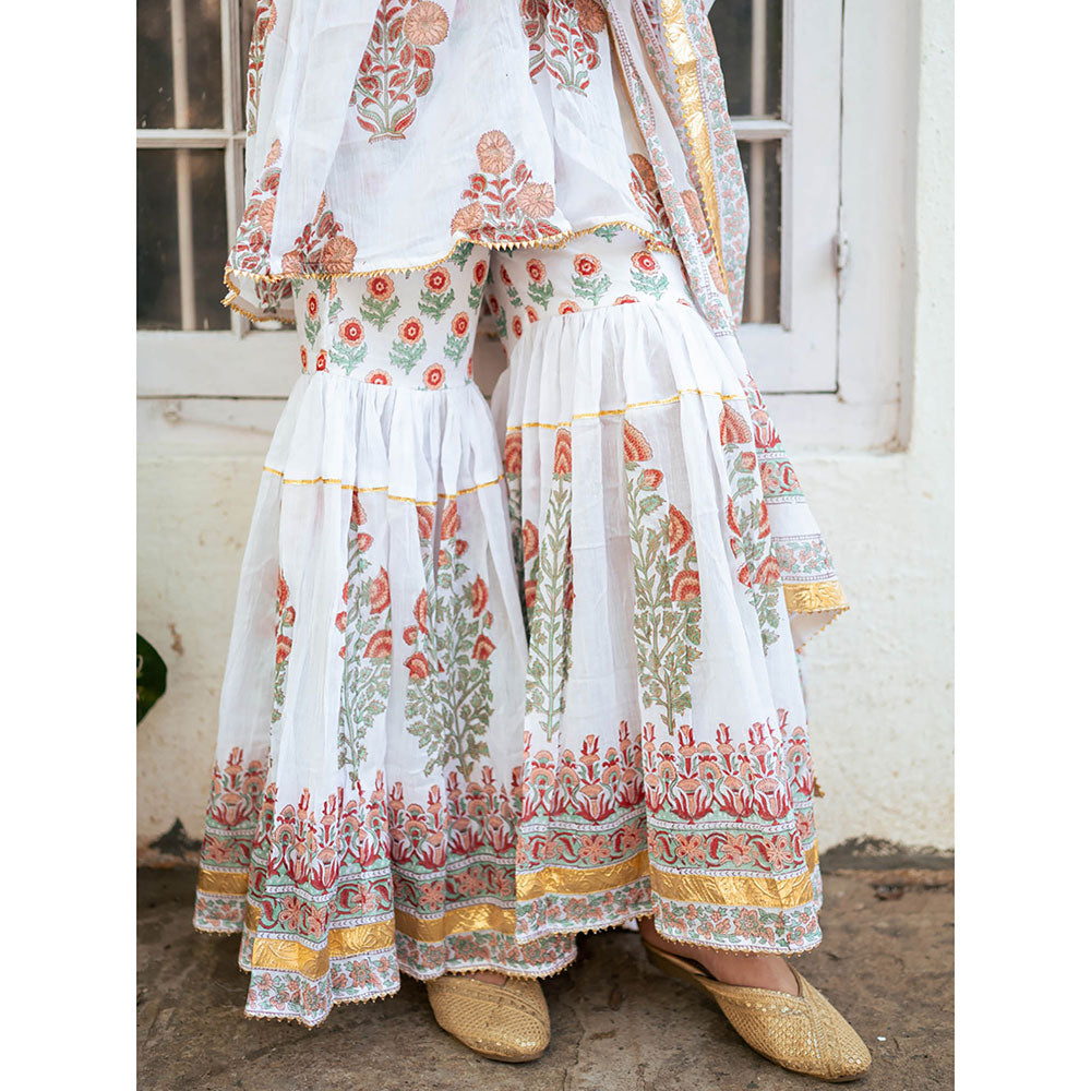 Maison Shefali White Block Printed Kurti with Sharara and Dupatta (Set of 3)