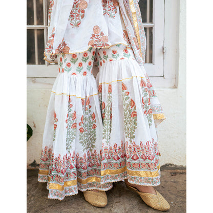 Maison Shefali White Block Printed Kurti with Sharara and Dupatta (Set of 3)
