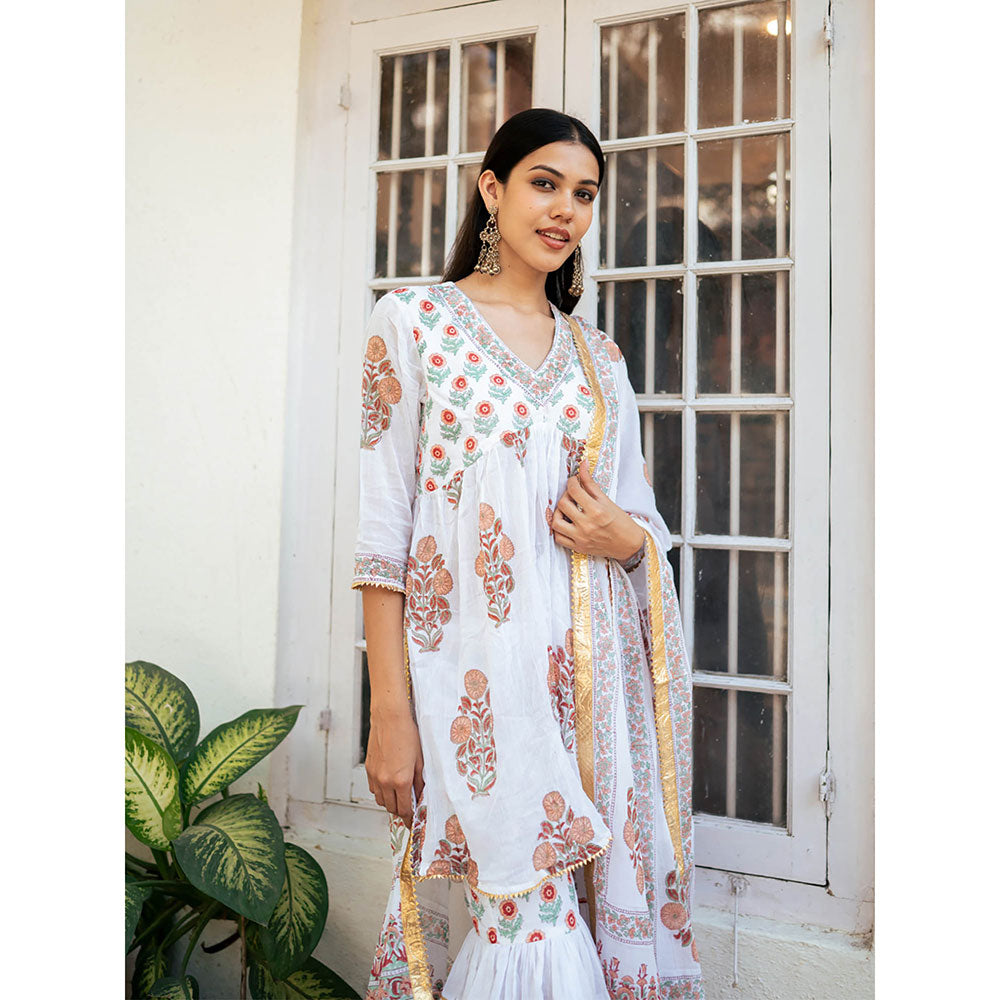 Maison Shefali White Block Printed Kurti with Sharara and Dupatta (Set of 3)