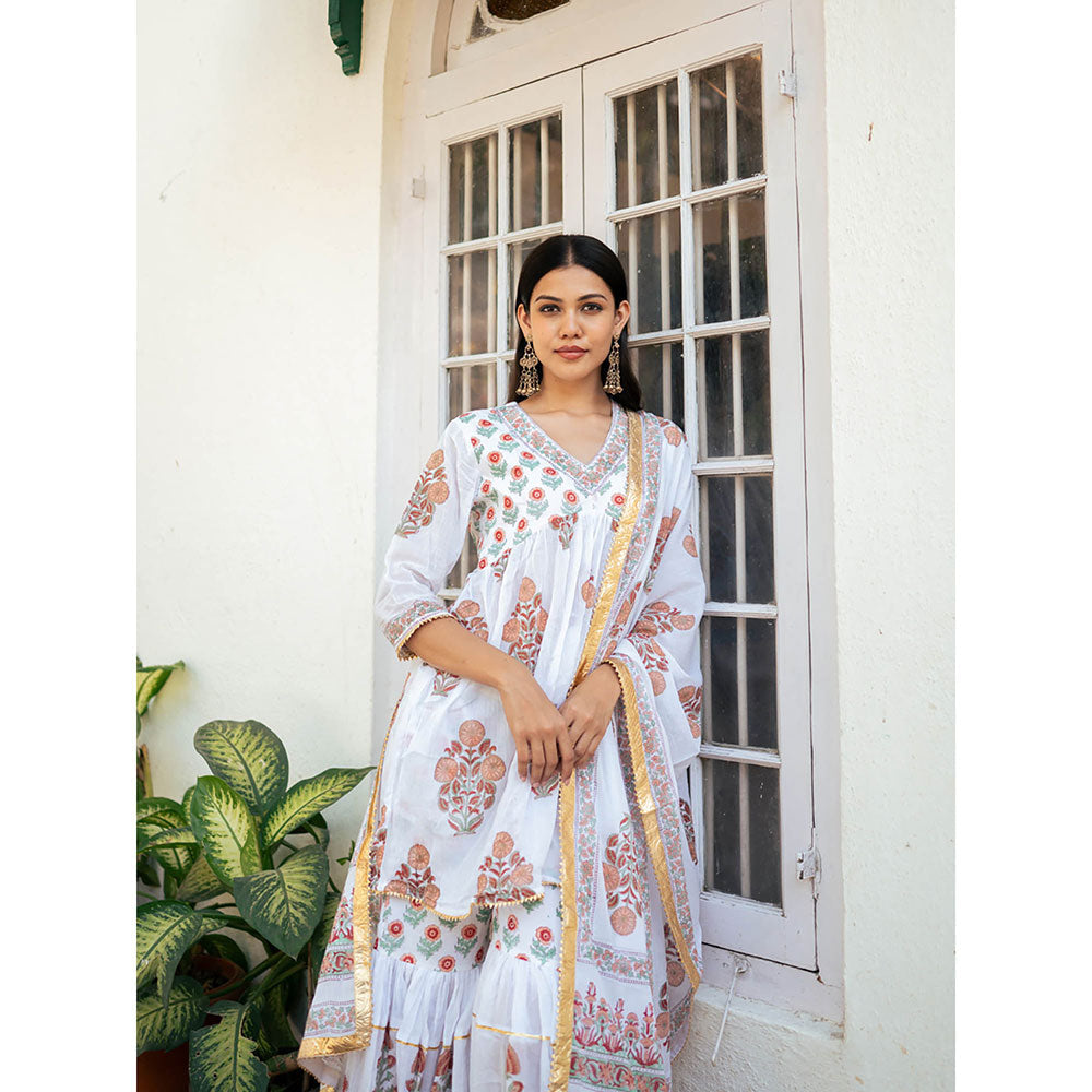 Maison Shefali White Block Printed Kurti with Sharara and Dupatta (Set of 3)