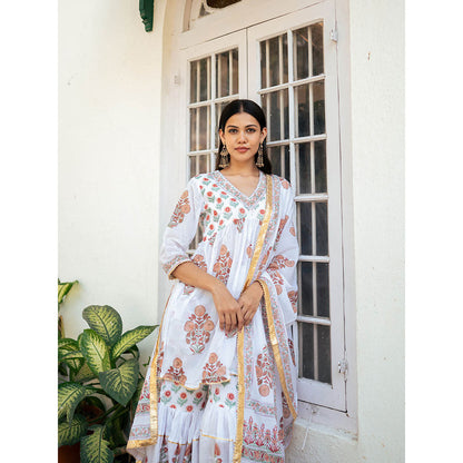 Maison Shefali White Block Printed Kurti with Sharara and Dupatta (Set of 3)