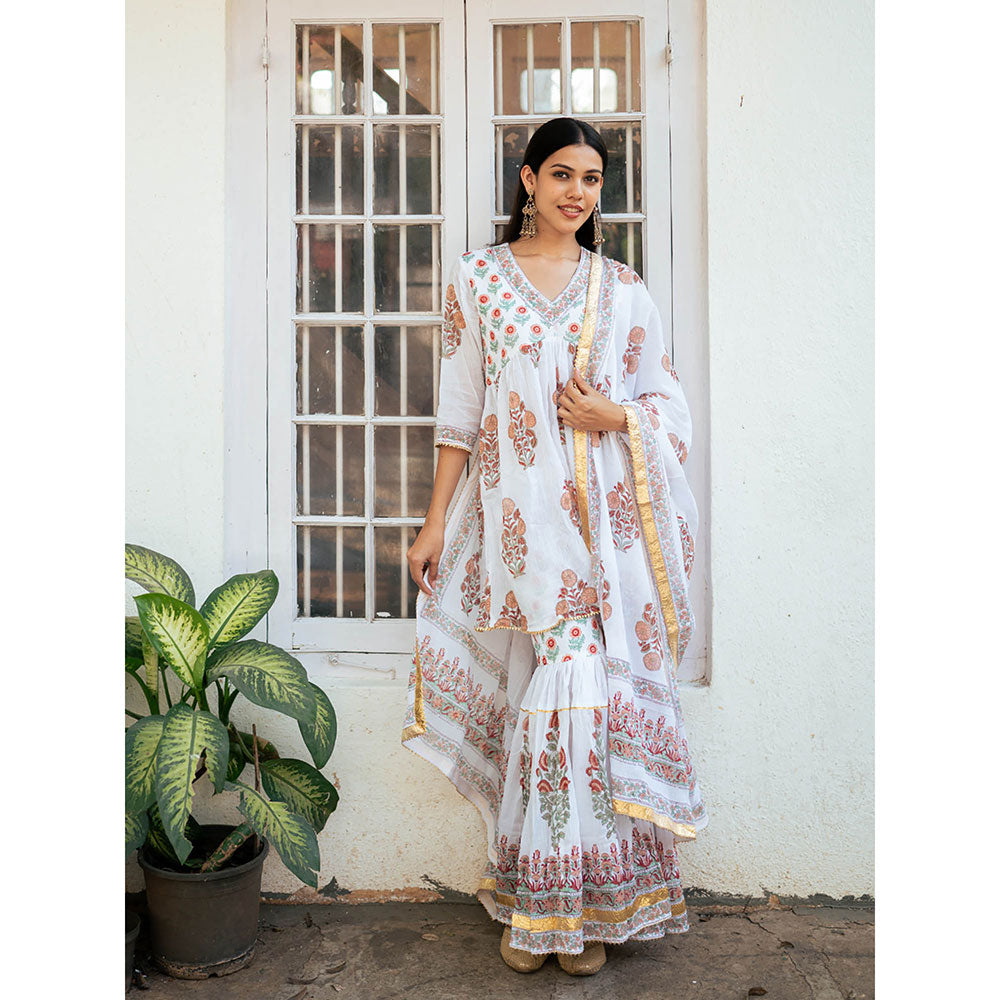 Maison Shefali White Block Printed Kurti with Sharara and Dupatta (Set of 3)