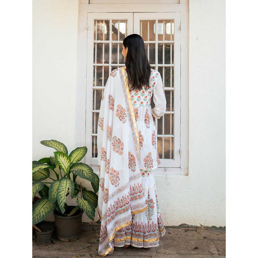 Maison Shefali White Block Printed Kurti with Sharara and Dupatta (Set of 3)