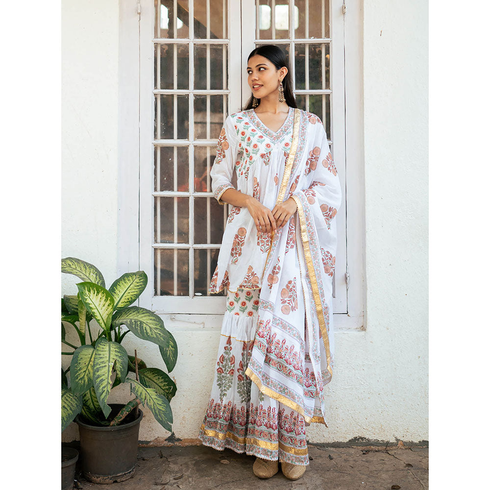 Maison Shefali White Block Printed Kurti with Sharara and Dupatta (Set of 3)