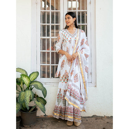 Maison Shefali White Block Printed Kurti with Sharara and Dupatta (Set of 3)