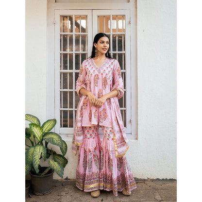 Maison Shefali Peach Block Printed Short Kurti with Sharara and Dupatta (Set of 3)