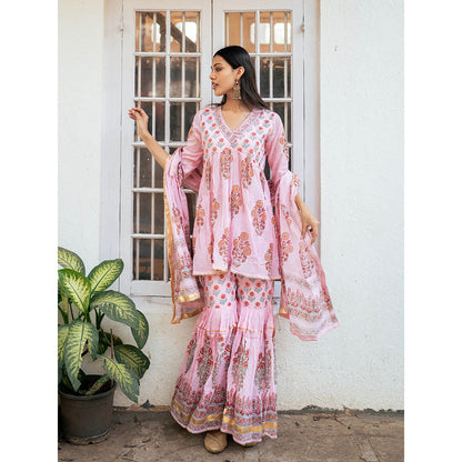 Maison Shefali Peach Block Printed Short Kurti with Sharara and Dupatta (Set of 3)