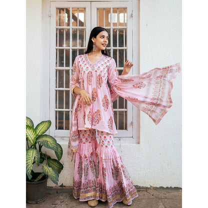 Maison Shefali Peach Block Printed Short Kurti with Sharara and Dupatta (Set of 3)