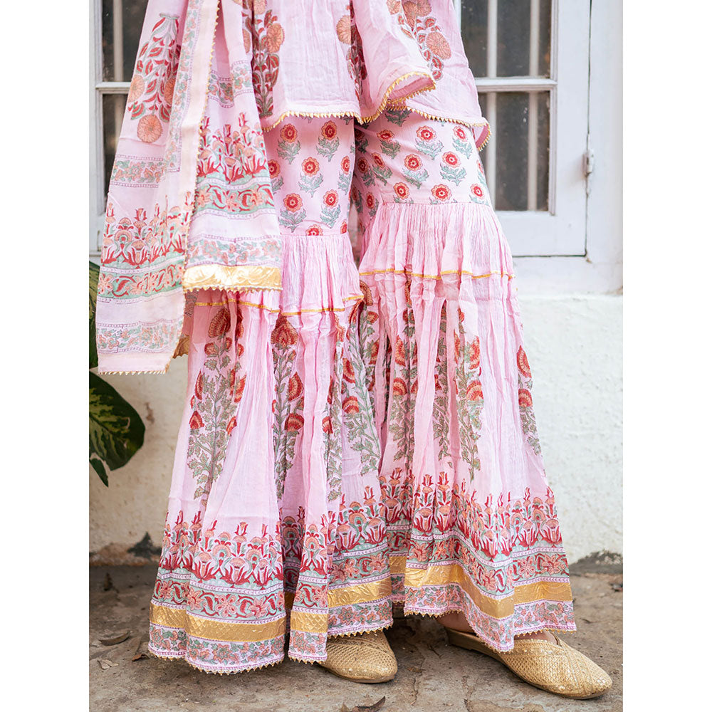 Maison Shefali Peach Block Printed Short Kurti with Sharara and Dupatta (Set of 3)