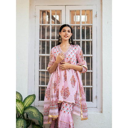 Maison Shefali Peach Block Printed Short Kurti with Sharara and Dupatta (Set of 3)