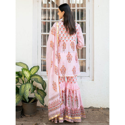 Maison Shefali Peach Block Printed Short Kurti with Sharara and Dupatta (Set of 3)