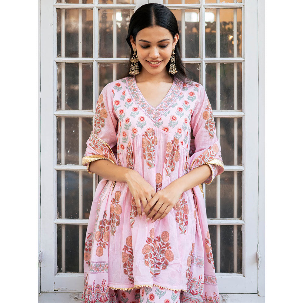 Maison Shefali Peach Block Printed Short Kurti with Sharara and Dupatta (Set of 3)