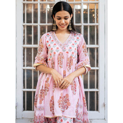 Maison Shefali Peach Block Printed Short Kurti with Sharara and Dupatta (Set of 3)