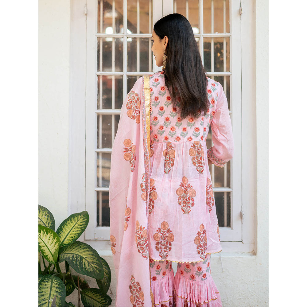 Maison Shefali Peach Block Printed Short Kurti with Sharara and Dupatta (Set of 3)
