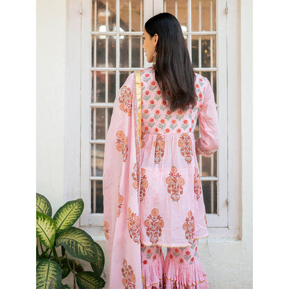 Maison Shefali Peach Block Printed Short Kurti with Sharara and Dupatta (Set of 3)