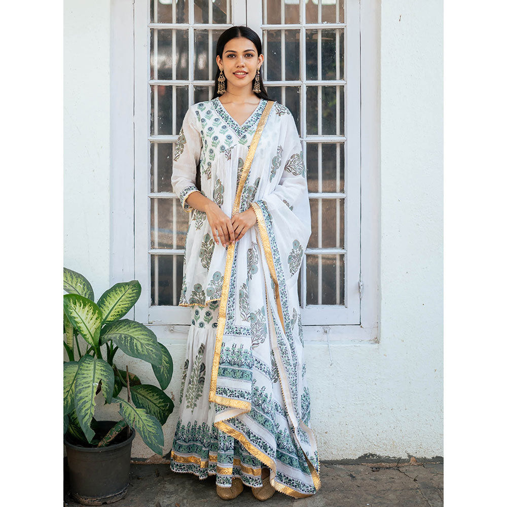 Maison Shefali White Block Printed Short Kurti with Sharara and Dupatta (Set of 3)