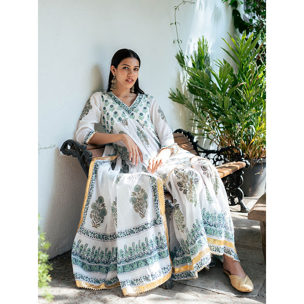 Maison Shefali White Block Printed Short Kurti with Sharara and Dupatta (Set of 3)