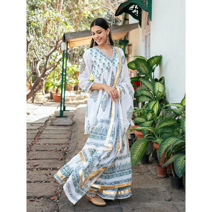 Maison Shefali White Block Printed Short Kurti with Sharara and Dupatta (Set of 3)