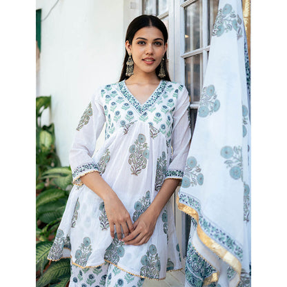 Maison Shefali White Block Printed Short Kurti with Sharara and Dupatta (Set of 3)