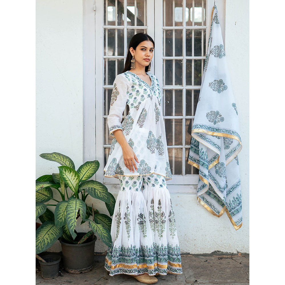 Maison Shefali White Block Printed Short Kurti with Sharara and Dupatta (Set of 3)
