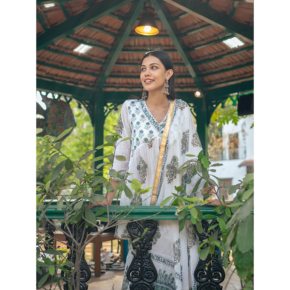 Maison Shefali White Block Printed Short Kurti with Sharara and Dupatta (Set of 3)