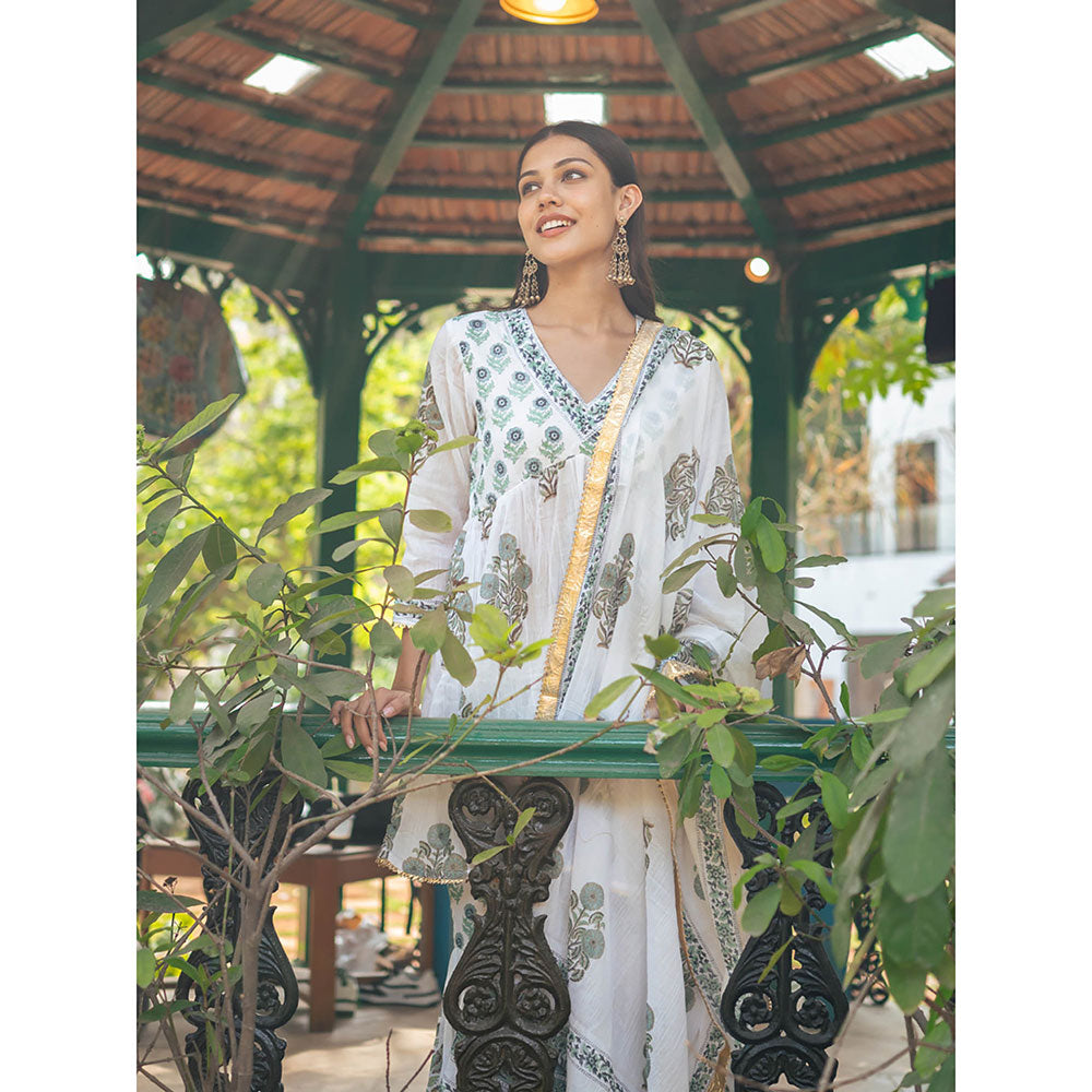 Maison Shefali White Block Printed Short Kurti with Sharara and Dupatta (Set of 3)