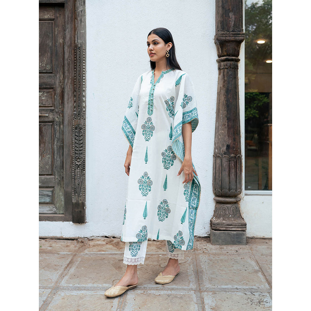Maison Shefali Mughal Turquoise Boota Kaftan with Pant (Set of 2)