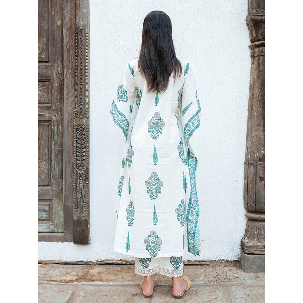 Maison Shefali Mughal Turquoise Boota Kaftan with Pant (Set of 2)